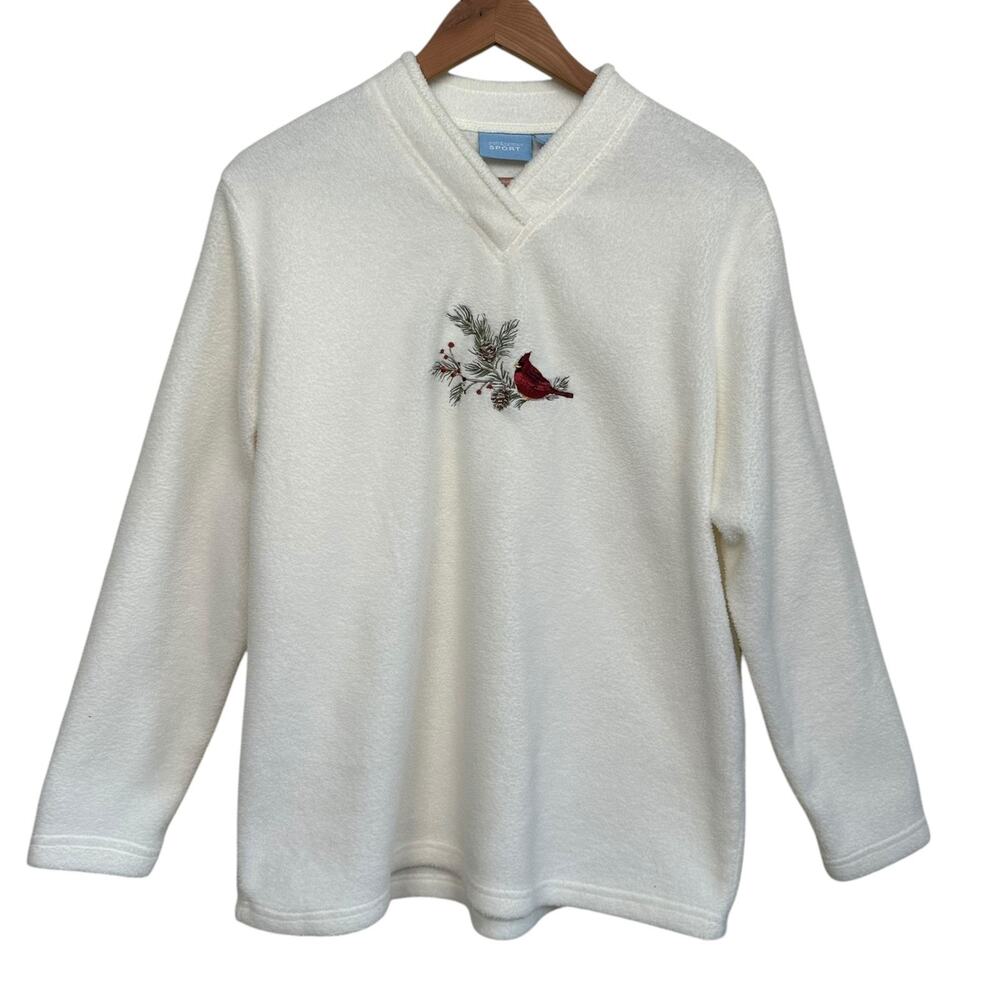 Croft & Barrow Women’s Ivory Embroidered Cardinal Holiday Fleece Pullover Size L